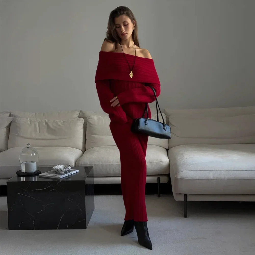 Elegant Knitted Long Sleeve One Shoulder Bodycon Dress Womens High Waist Floor Length Gown Chic Autumn Fashion Trend 251204