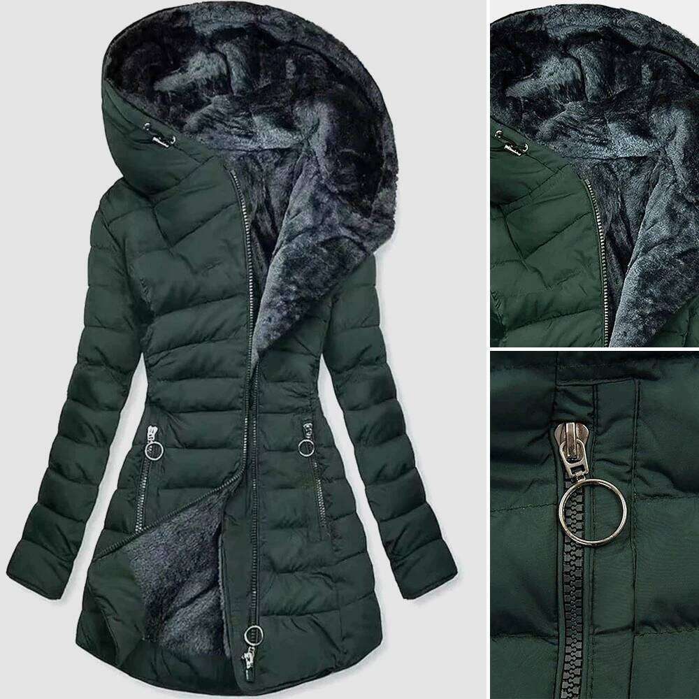 Women's Autumn Slim-Fit Quilted Design Puffer Coat With Black Faux Fur Trim Hood Long Sleeve Down Jackets