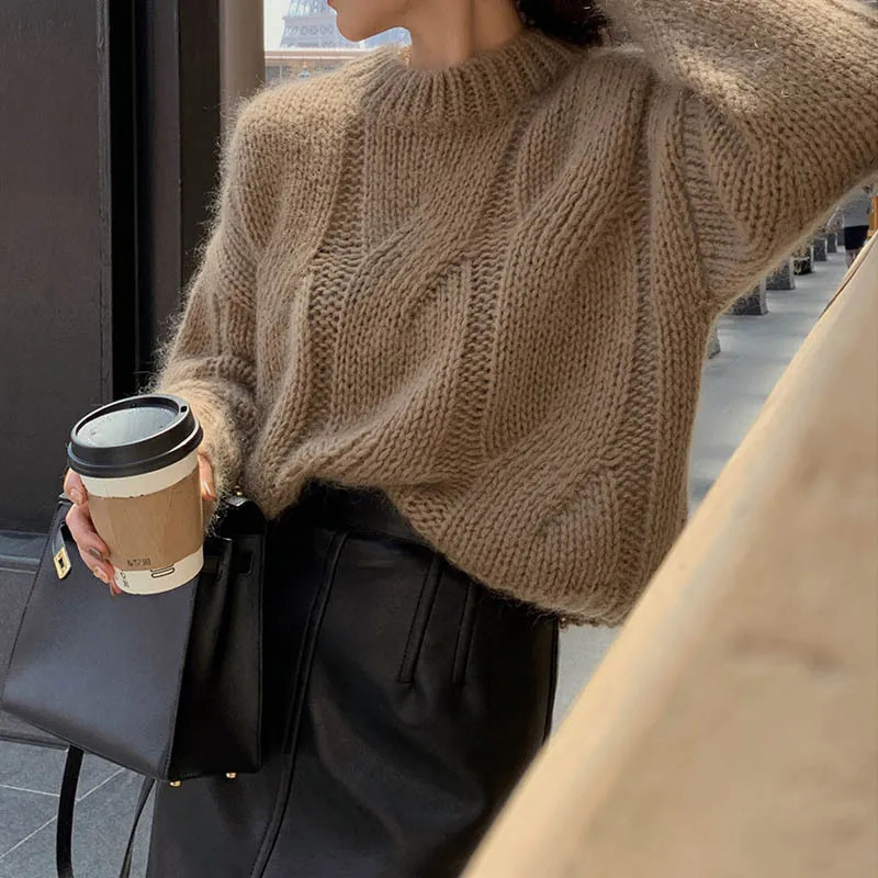 Coarse Yarn Knitted Sweater for Women Autumn Winter Lazy Style Stretch Twist Pullovers Vintage Solid Color O-Neck Jumpers Mujer 251204