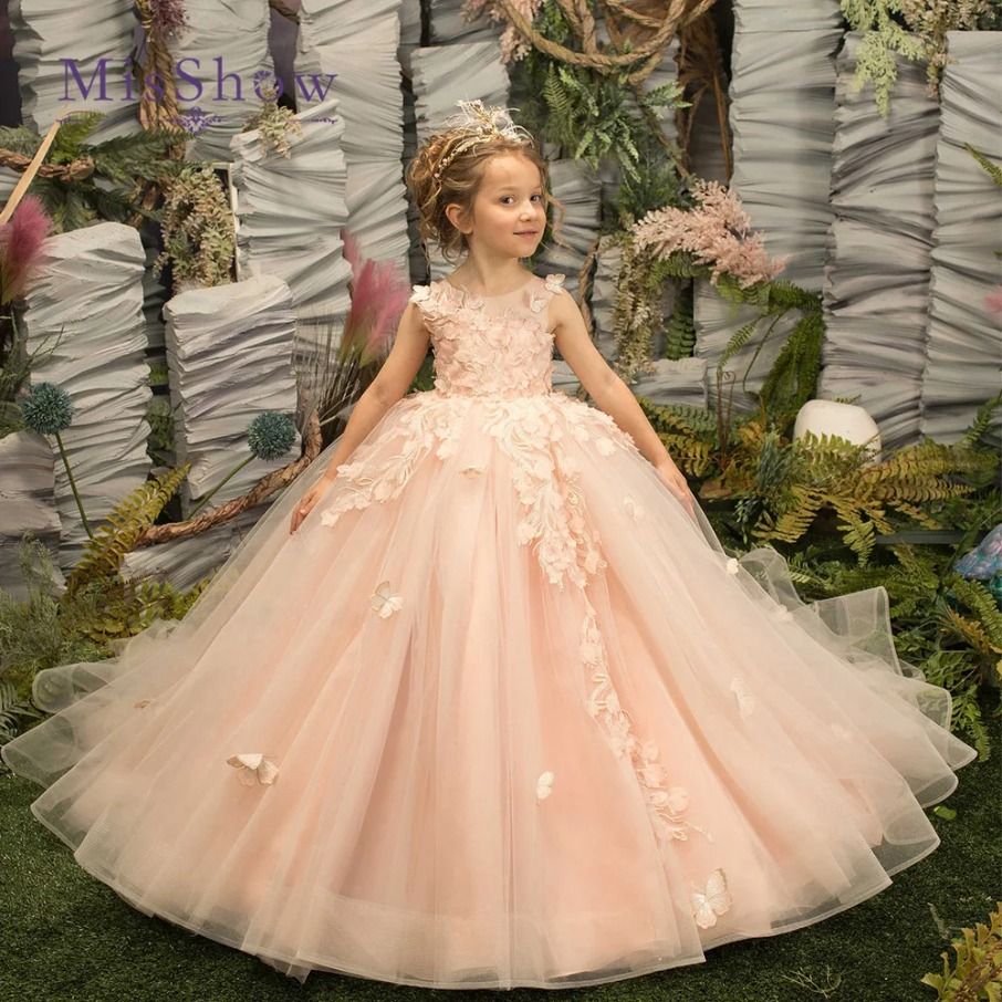 Abito da ragazza con fiori rosa adorabile Abito da ballo 3D Ricami floreali Appliques Bambini Festa formale Compleanno Abiti da comunione Abito da s