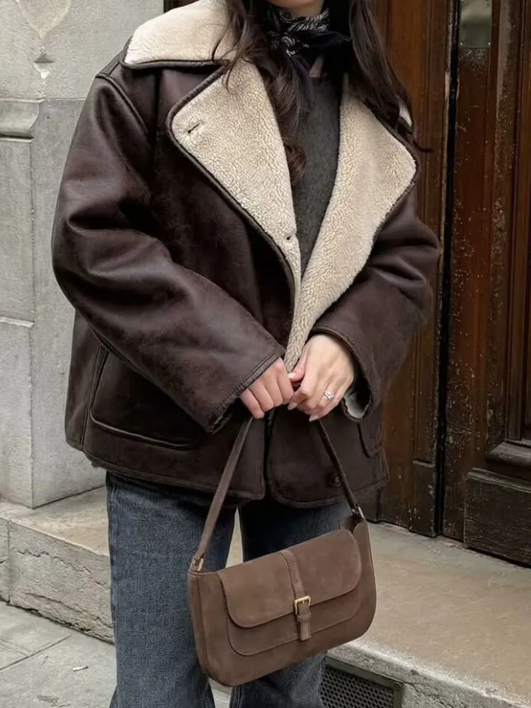 HH Women Winter Warm Faux Leather Fleece Coats Vintage Solid Single Breasted Long Sleeve Jacket With Pockets Autumn Streetwear 251202
