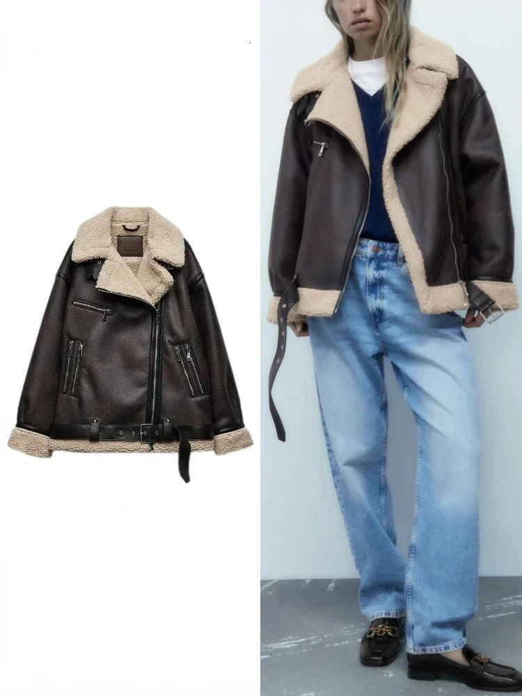 Femme épais chaud Double face fausse peau de mouton veste automne hiver revers à manches longues ourlet ceinturé fermeture éclair vêtements de de