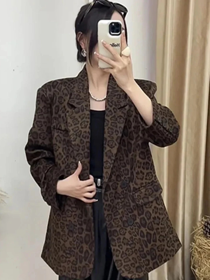 Jmprs Streetwear Women Leopard Blazer Vintage Long Sleeve Slim Y2K Suit Coat American Harajuku Casual Fall Winter Retro Tops 251202