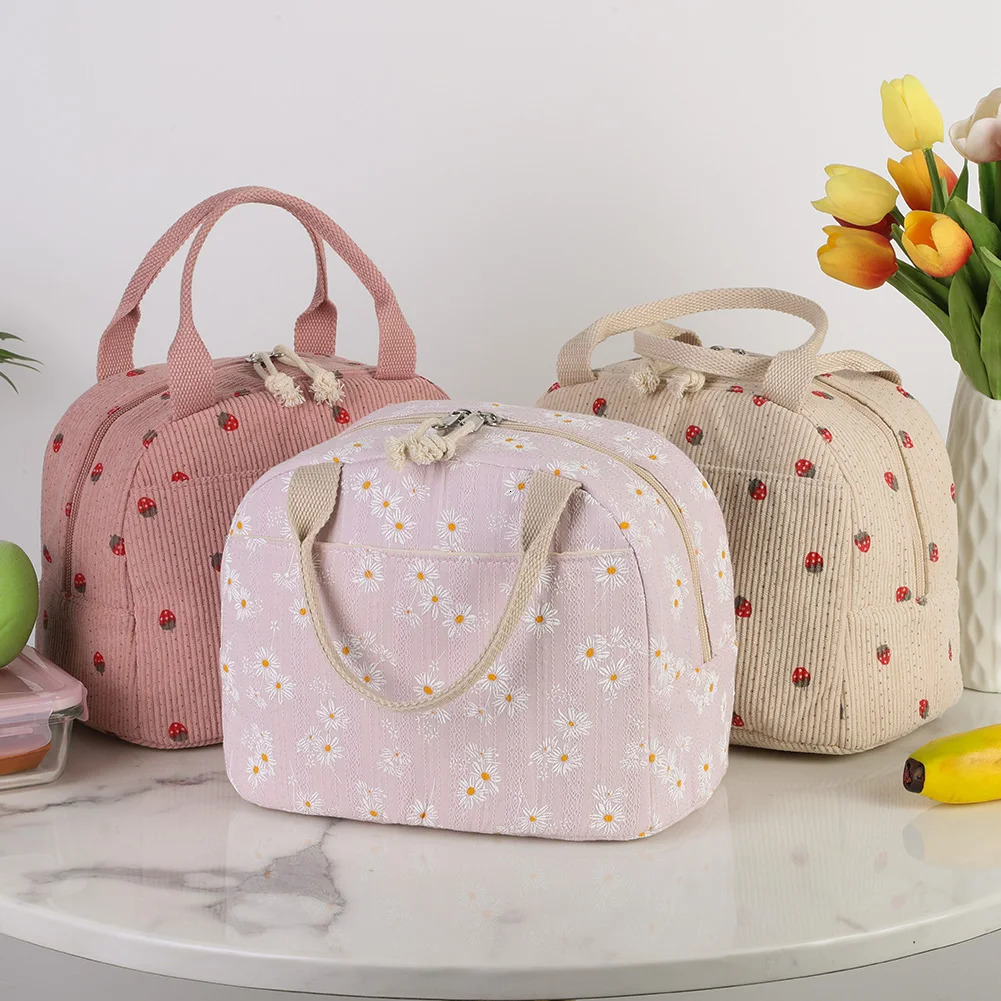 Boîte à déjeuner en velours côtelé fraise/marguerite, conteneur de grande capacité, sac à Bento thermique, sac à déjeuner mignon multifonction po