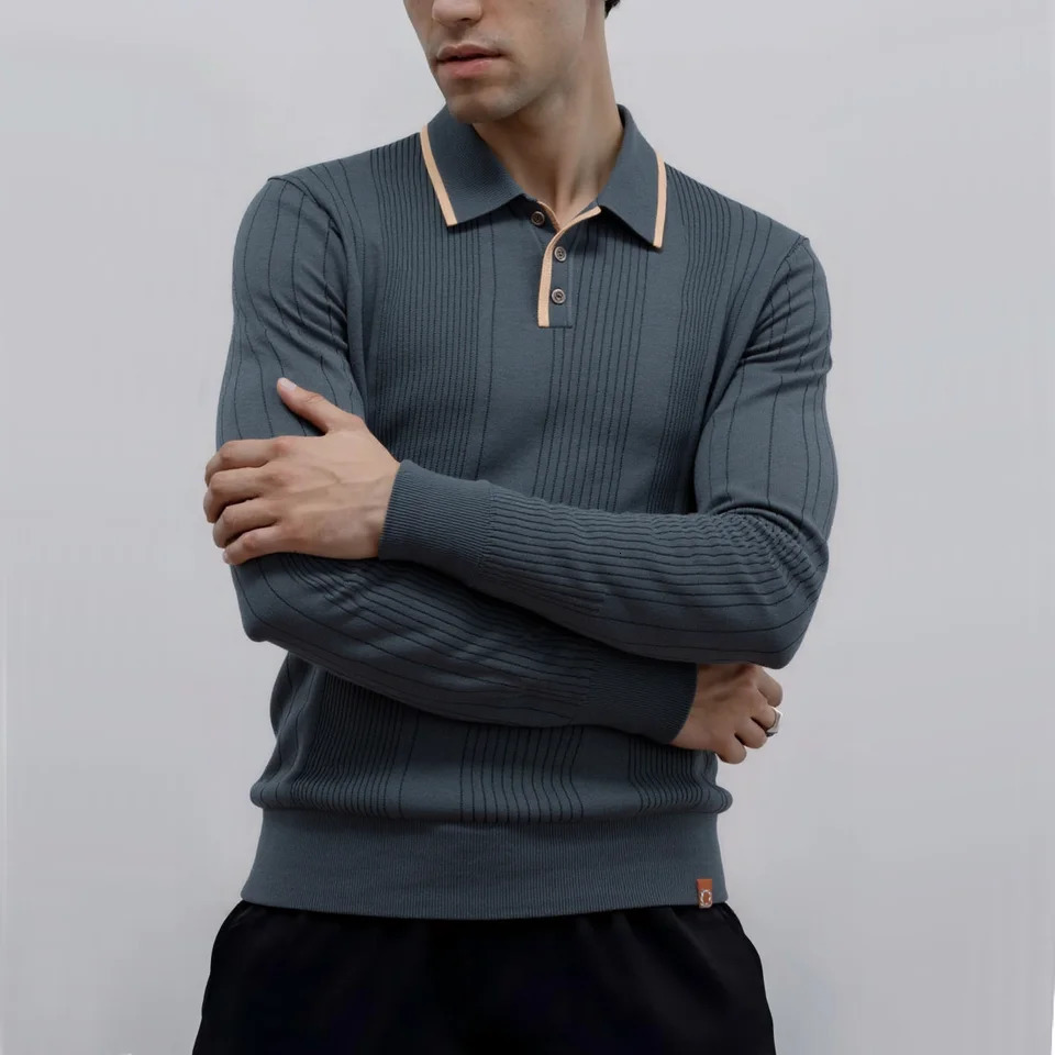 Button Down Polo Shirt Men Solid Color Stripe Long Sleeve Fall Winter Warm Touch Business Casual Mens Polo Shirts 251203