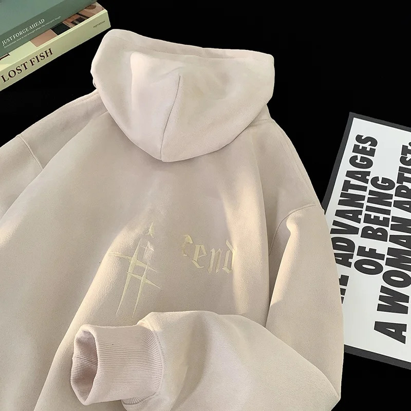 Mens Suede Fce Hoodie Loose Fit Autumn Winter Trendy Casual Outerwear with Pouch ket Regular Sve Text Pattern251129