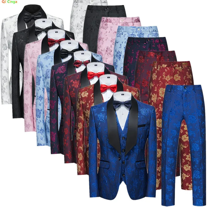 Blue Jacquard Fabric Suit 3 Piece Mens Fashion Slim Fit Blazer Jacket Trousers Vest Spring Autumn Men Sets Asian Size 251203