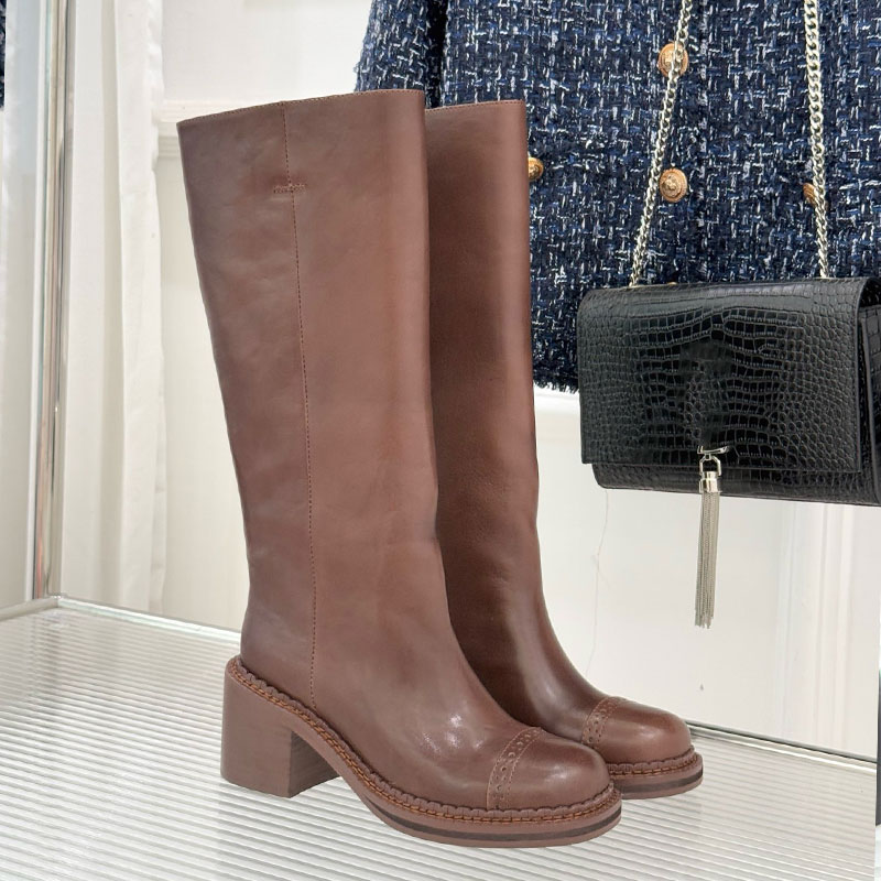 Bottes en cuir 5W493E Designer épais semelle genou botte femmes luxe rétro mode botte dames bottes décontractées cuir Nappa tailles 35 41