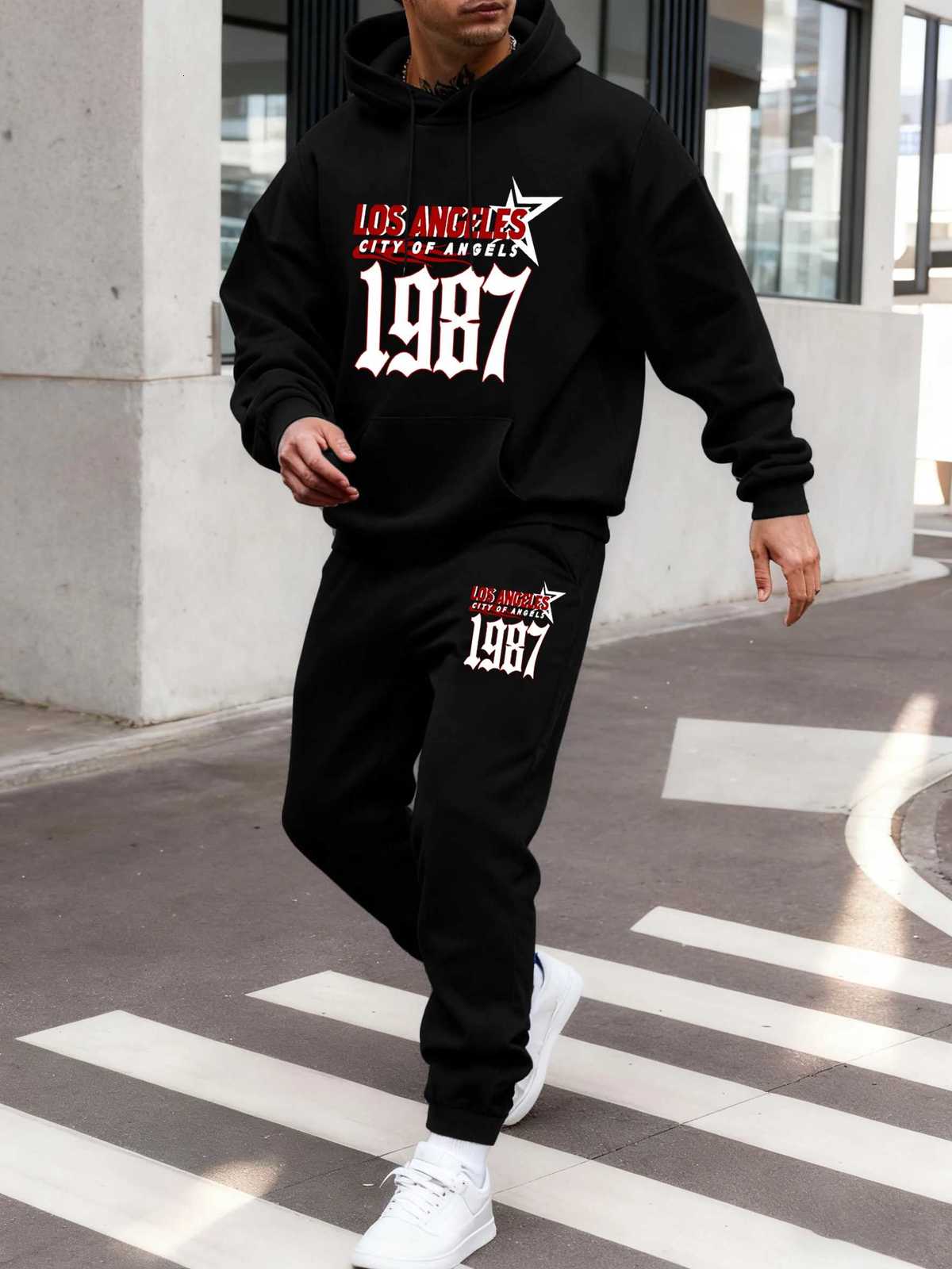 Mode Double poche à capuche cordon élastique pantalon 2 pièces ensemble 2026 nouveaux hommes décontracté en vrac en plein air Jogging sport ensem