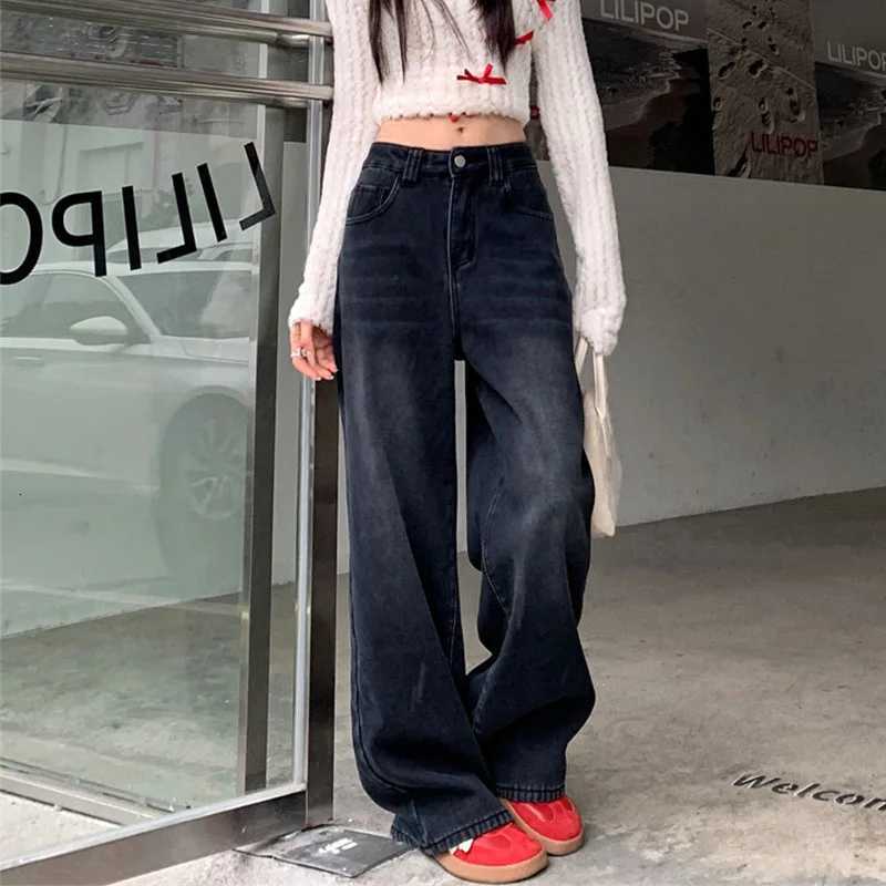 Jean Y2K pour femme, pantalon américain noir à jambes larges, en Denim brossé, doublé de flanelle, drapé, hiver 2025, T251205