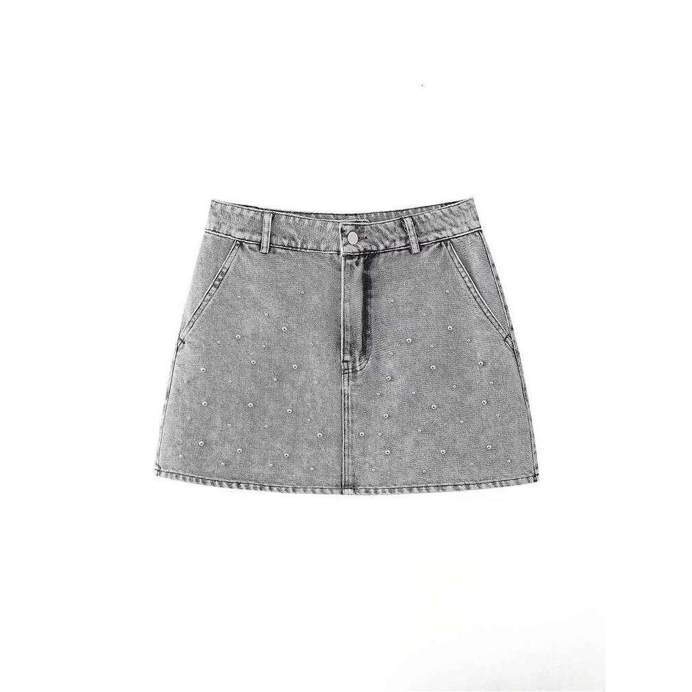 Mini jupe en Denim pour femmes, Vintage, décontractée, Chic, couleur unie, Slim, fausses perles, courte, nouvelle mode, Streetwear, été