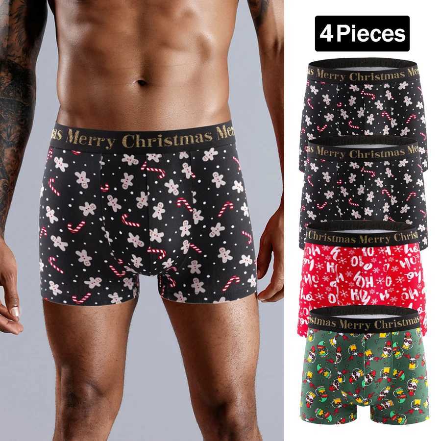 4pcs Christmas Mens Panties Cotton Shorts Brand Print Men Underpants Letter Waistband Boxer Briefs Sexy Underwear Men Boxers X251205