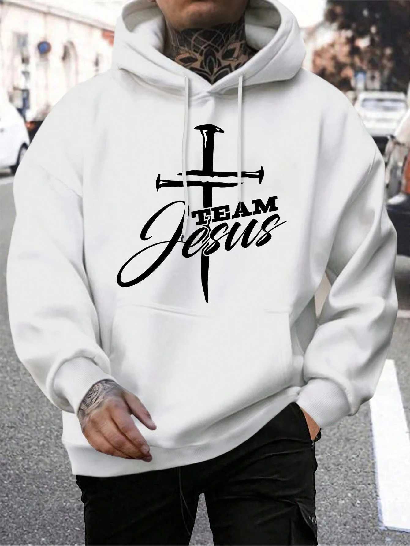 Team Jesus Letter Design Printing Mens Sweatshirt Fashion Warm Hooded Casual Pocket Hoodies Autumn Big Size StreetwearXJ251205