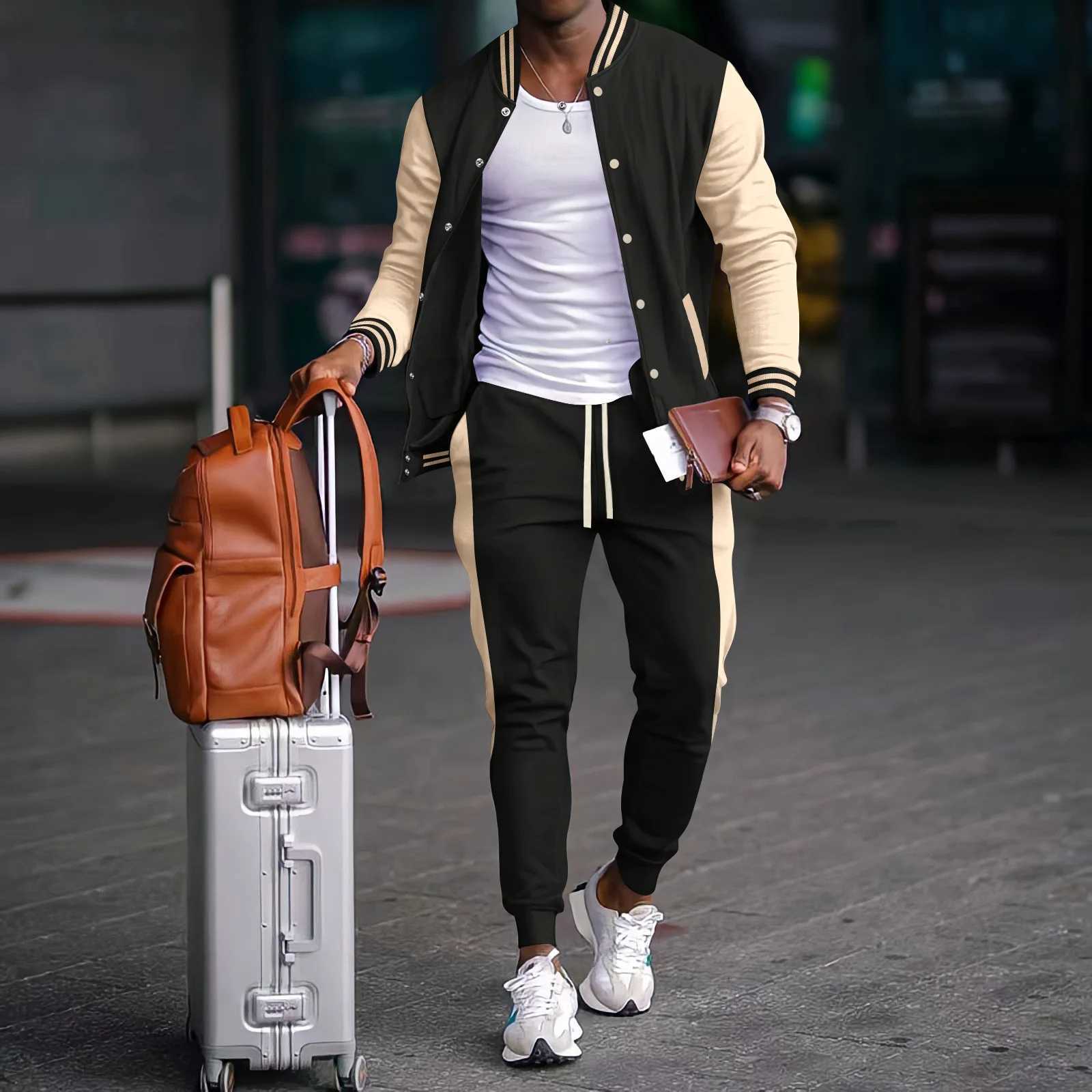 Automne et hiver nouveau costume de baseball épais décontracté hommes col montant cardigan manteau correspondant couleur sport pantalon à manches