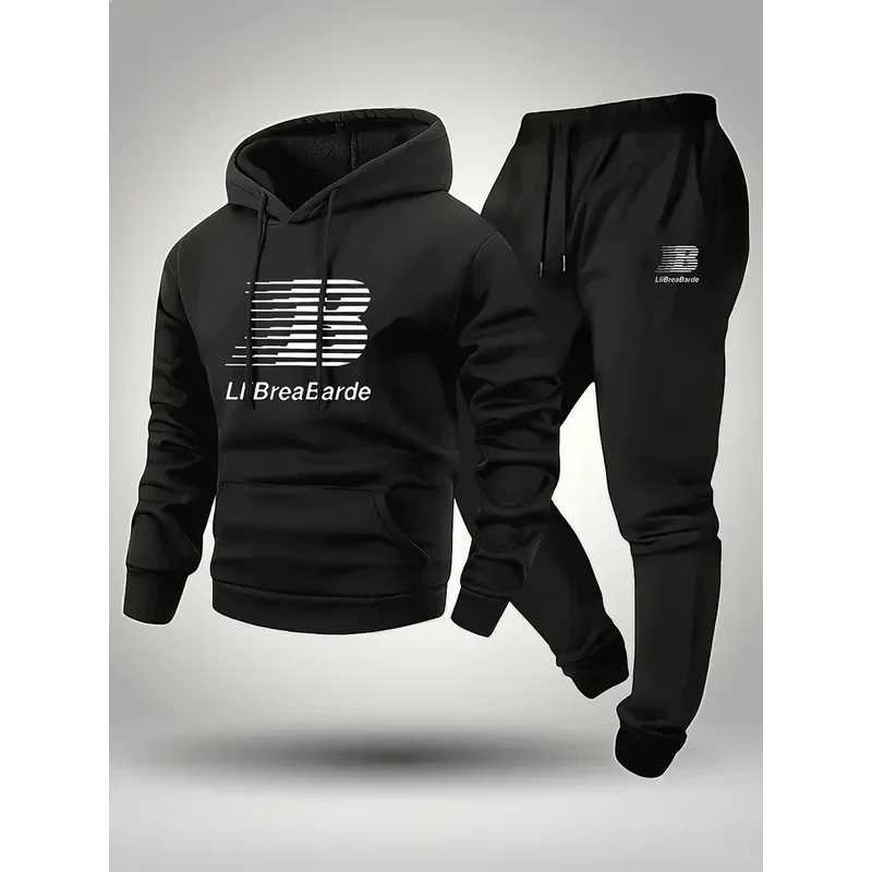 Costume de sport à capuche décontracté imprimé lettre pour hommes avec pull à manches longues en fibre de polyester et pantalon de course à cordo