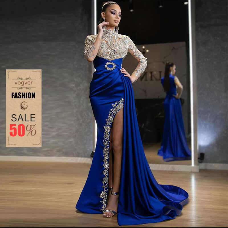 Robe de soirée longue à col rond pour femmes, tenue de luxe de styliste, bleu or, saupoudrée, nouvelle collection printemps automne 2026