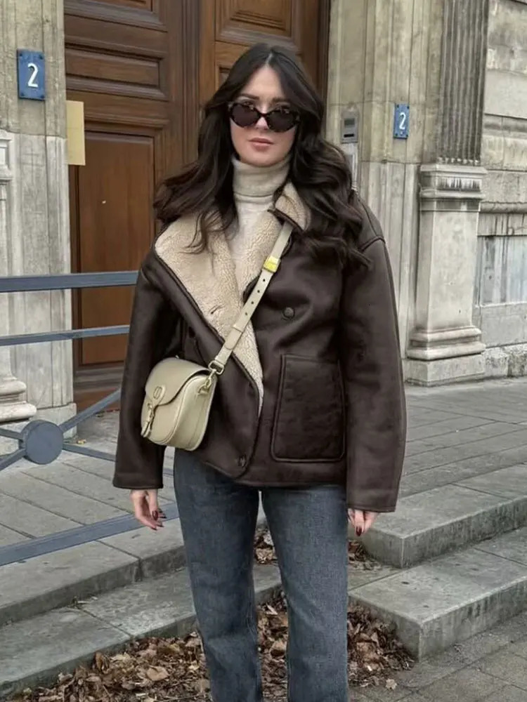 HH Femmes Casual Faux Cuir Polaire Manteaux Vintage Solide Simple Boutonnage Revers Veste À Manches Longues Avec Poches Mode Streetwear 251202