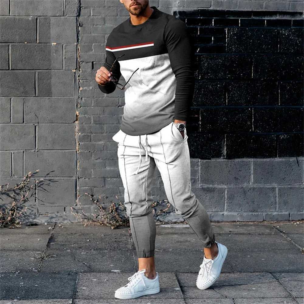 Automne Vintage Line Radiation 3D Imprimer Hommes Sportswear 2PCS Ensemble T-shirt à manches longues Pantalon 2 pièces Ensemble surdimensionné ho