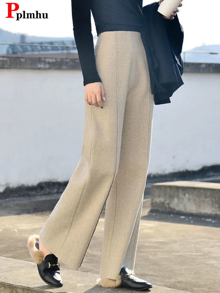 Autumn Winter Warm Woolen Wide Leg Pants Korean Fashion Womens Pantalones Casual High Waist Baggy Thicken Straight Sweatpants251129