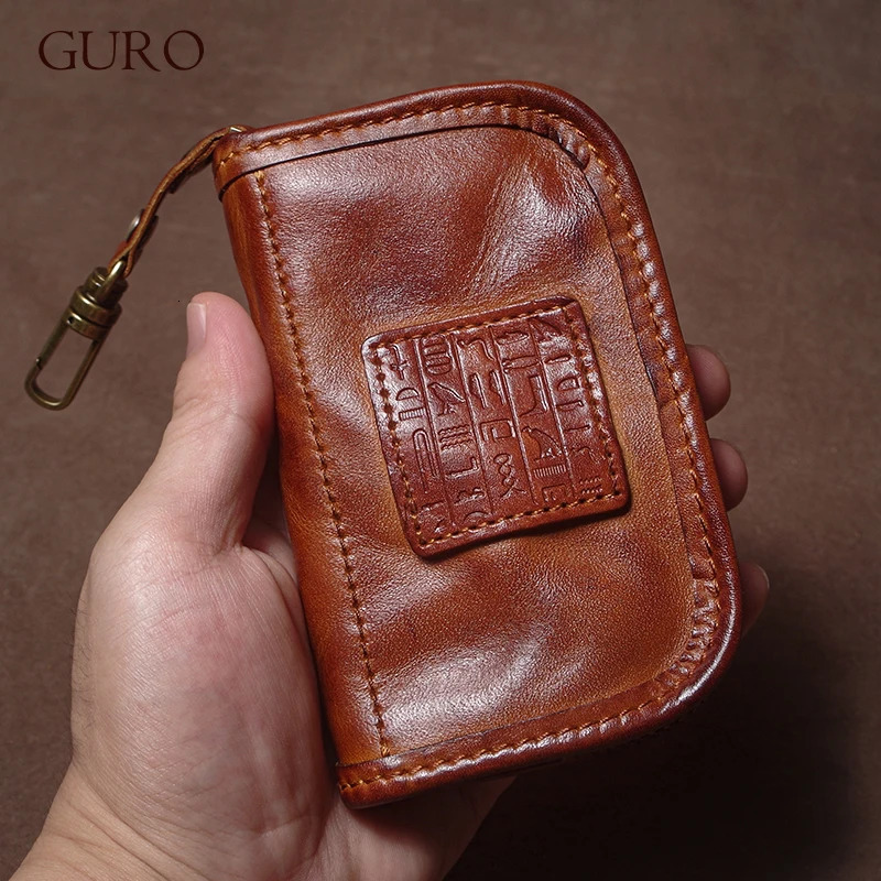 GURO y Véritable Cuir Clé De Voiture Sacs Hommes Femmes Vintage Porte-Monnaie Portefeuille Polyvalent Titulaire De La Carte Gouvernante Accueil O