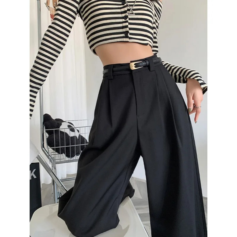 Fall Winter Elegant Gray Suits Pants for Women Office Lady High Waist Wide Leg Fashion Trousers with Pockets Black Pants 251204