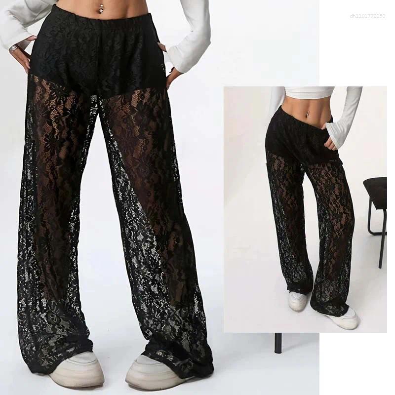 Women's Pants Black Lace For Spring And Autumn Fashionable Personalized Trendy Slightly Transparent Straight Leg