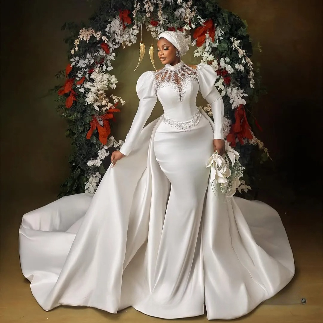 2026 Plus Size Mermaid Wedding Dress Bridal Gowns For Bride Detachable Train High Neck Illusion Long Sleeves Beaded Lace Plus size Black Women 1205