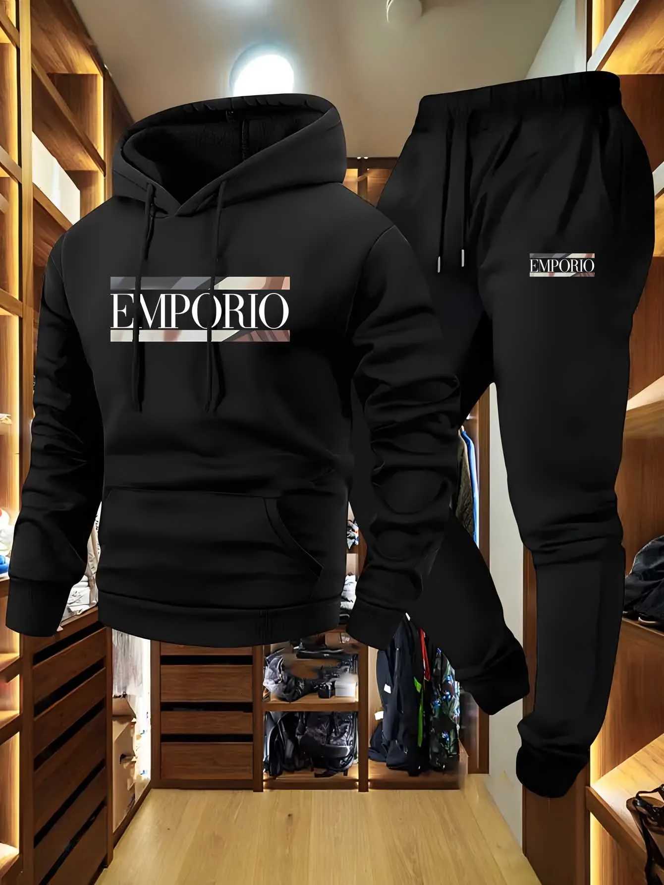 Ensemble sweat à capuche et pantalon de survêtement imprimés pour hommes, adapté aux sorties en plein air en automne et en hiver - vêtements d'ex
