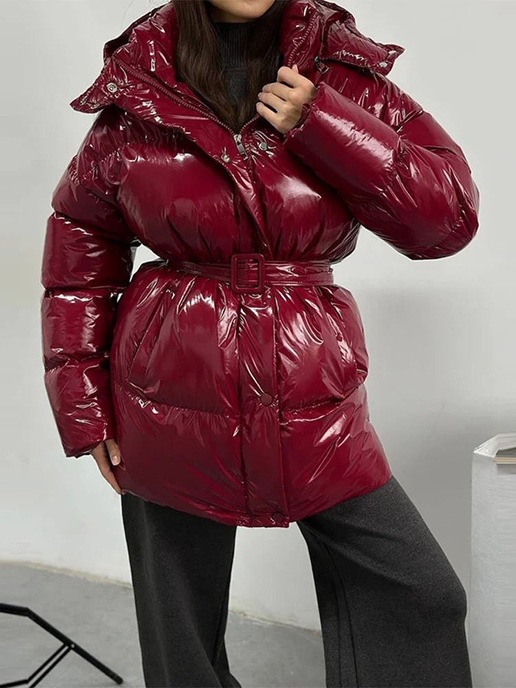 Women Winter Chic Coat Shiny Belt Wasit Quilted Jacket With Hood Fashion Stand Collar Midlength Warm Lady Streetwear 251204