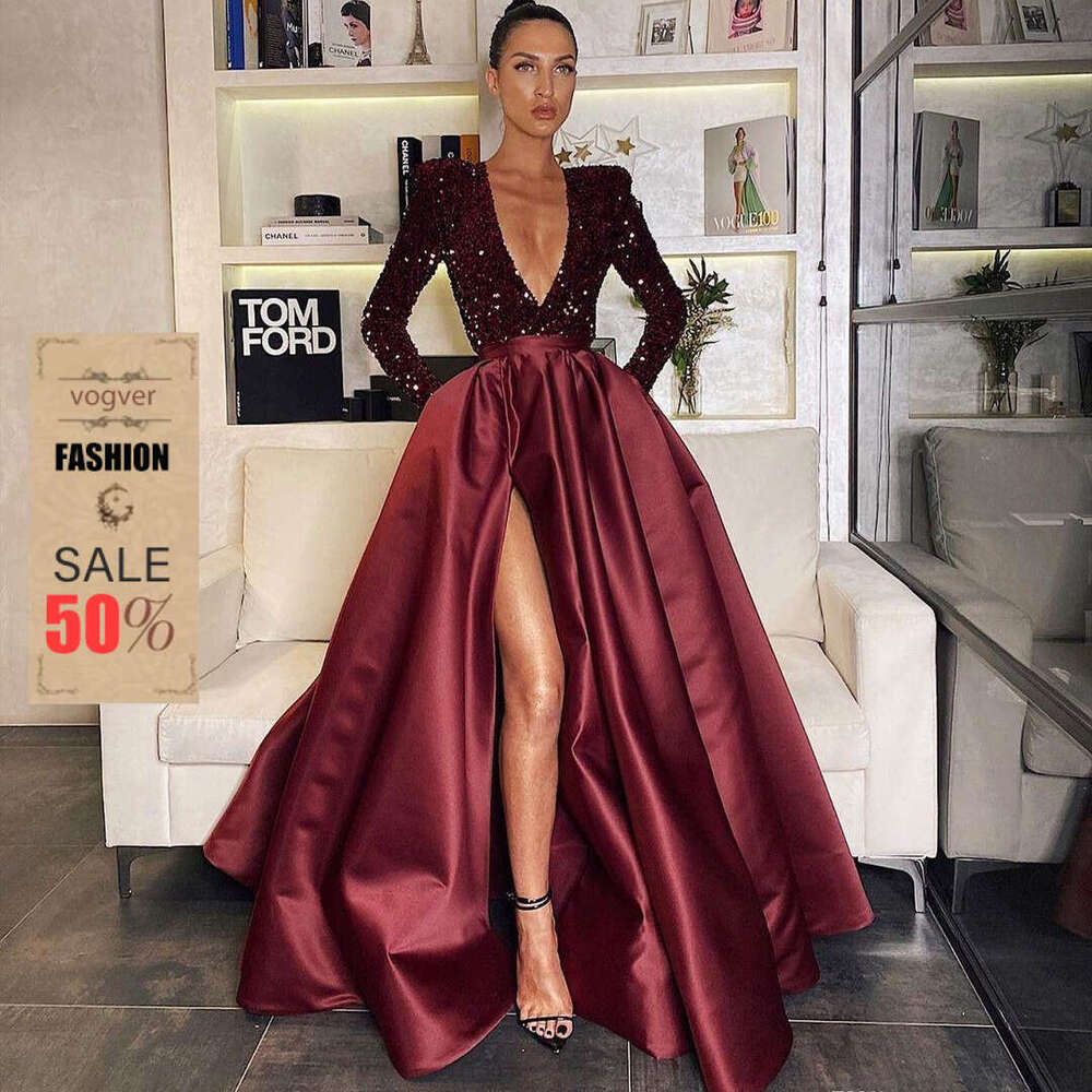 Evening Dress For Women Luxury Designer 2026 Spring and Autumn Women's Sexy Sleeve V-Neck Flared Sequin Slit Long Dress Evening Gown
