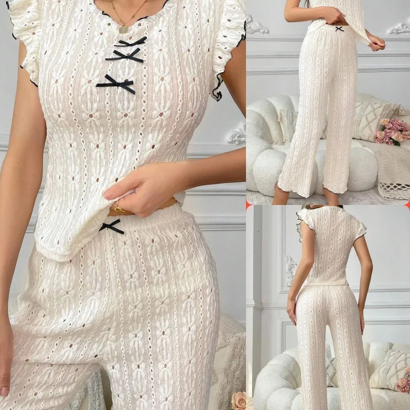 Style européen et américain sexy creux printemps été haut de gamme dentelle texture ensemble de pyjama pour femmes 251129