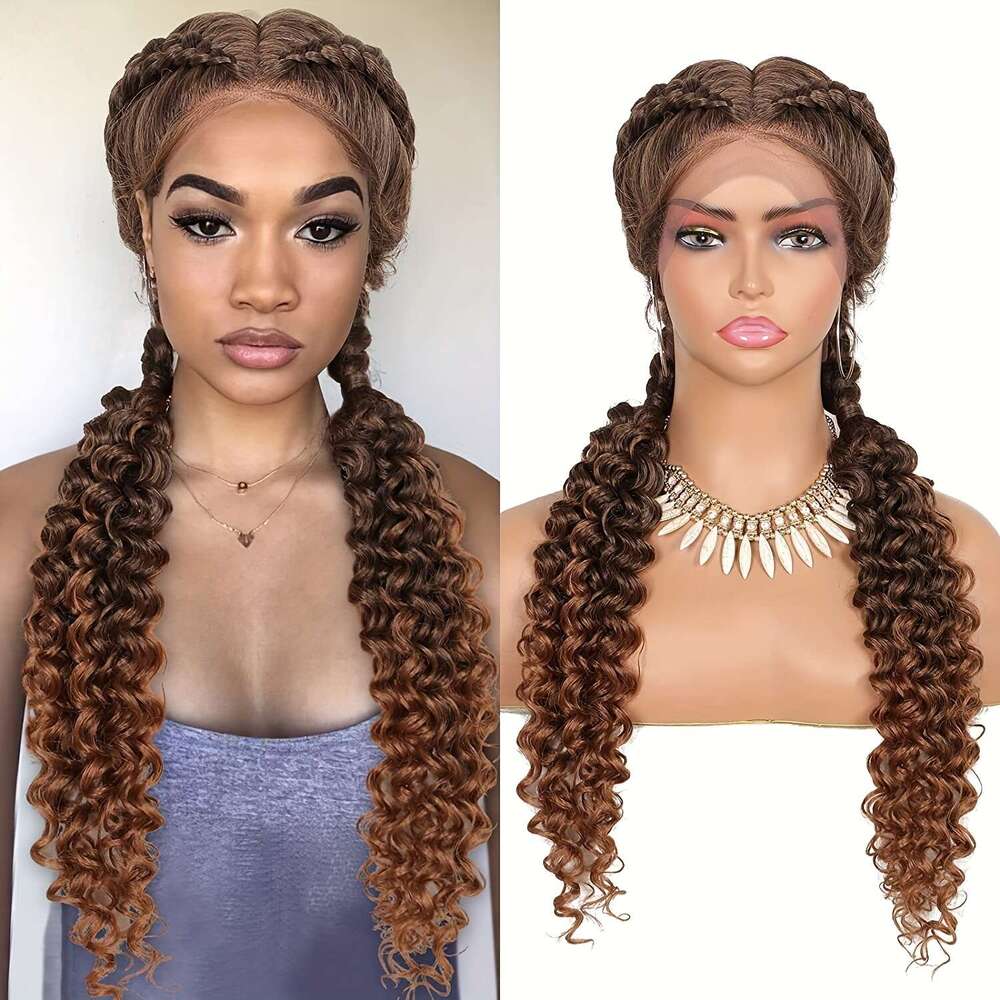 Elegant Long Braided Lace Front With - 180% Density Synthetic Hair For Women, Black Curly Braids, & Stylish Look, Special Occasion Water Wave Textur