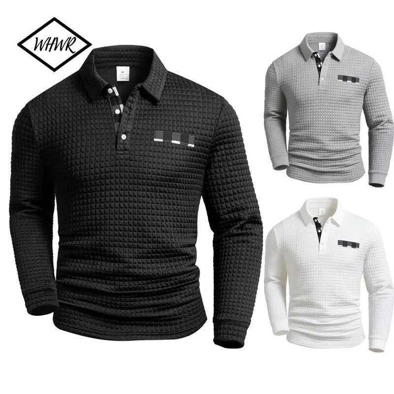 Polos pour hommes, tissu à carreaux carrés, couleur unie, hauts à manches longues, bouton à carreaux, Patchwork, col Henley, W251205