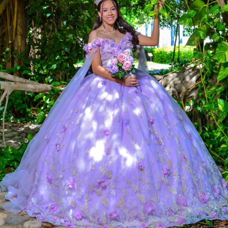 Lavender Shiny Quinceanera Dresses Off The Shoulder Flower Lace Bow Beads Tull Corset Party Birthday Sweet 16 Dress Vestidos 15 De Anos