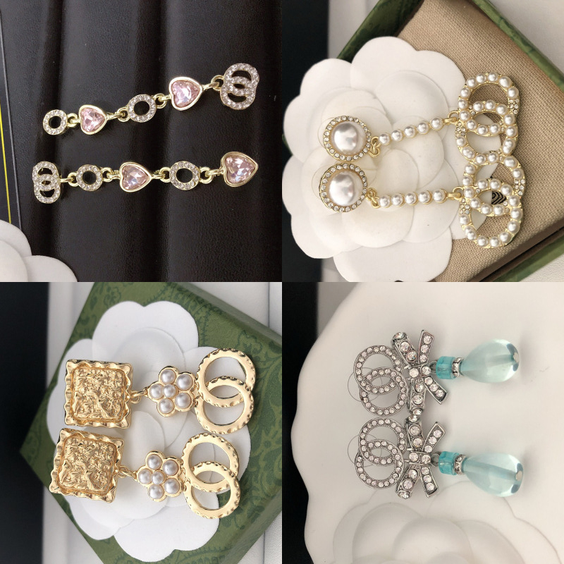 Simple Or Argent Lettre De Luxe Designer Marque Stud Géométrique Célèbre Femmes Cristal Strass Perle Boucle D'oreille Bijoux De Fête De Mariage C