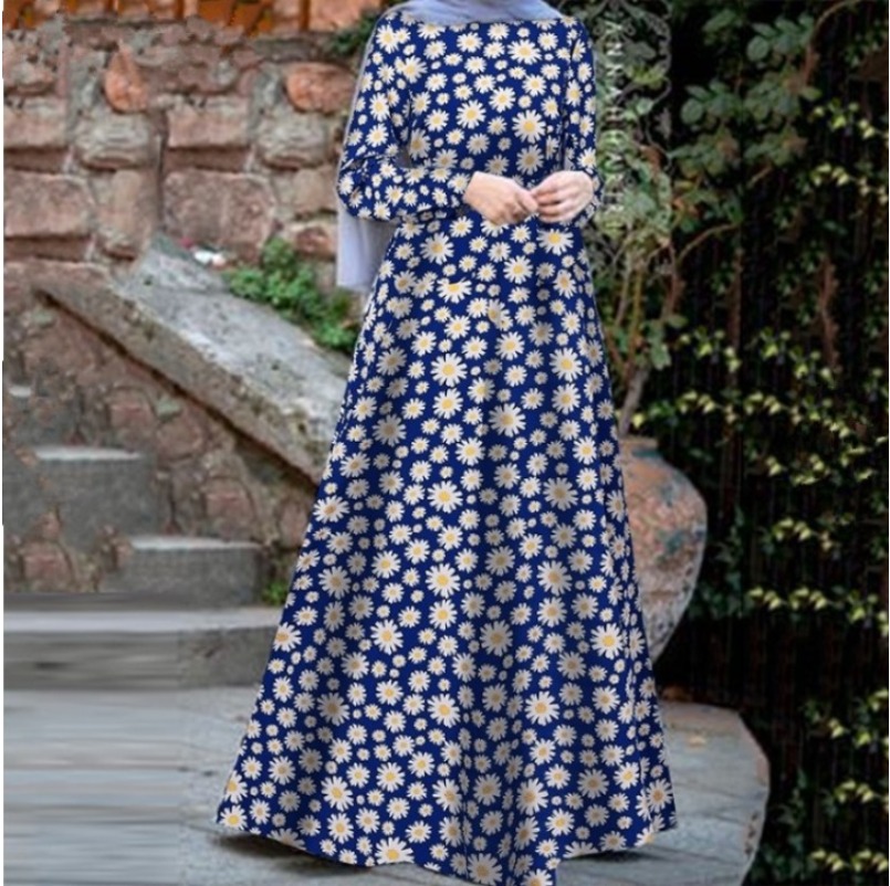 (1980) New Style Pullover Loose Round Neck Daisy Long Sleeve Printed Mid-length Dress-image-1113399063