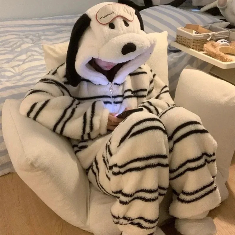 Cute Girl Cartoon Puppy Hooded Coral Fleece Pajamas Set Womens Winter Thickened Large Size Loungewear for Women 251129