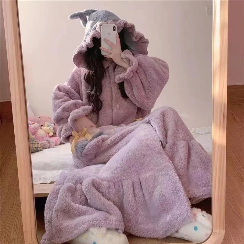 Robe à capuche hiver coréen chemise de nuit corail polaire chaud femme pyjama ensembles épais vêtements de nuit longue Robe de chambre peignoir 2