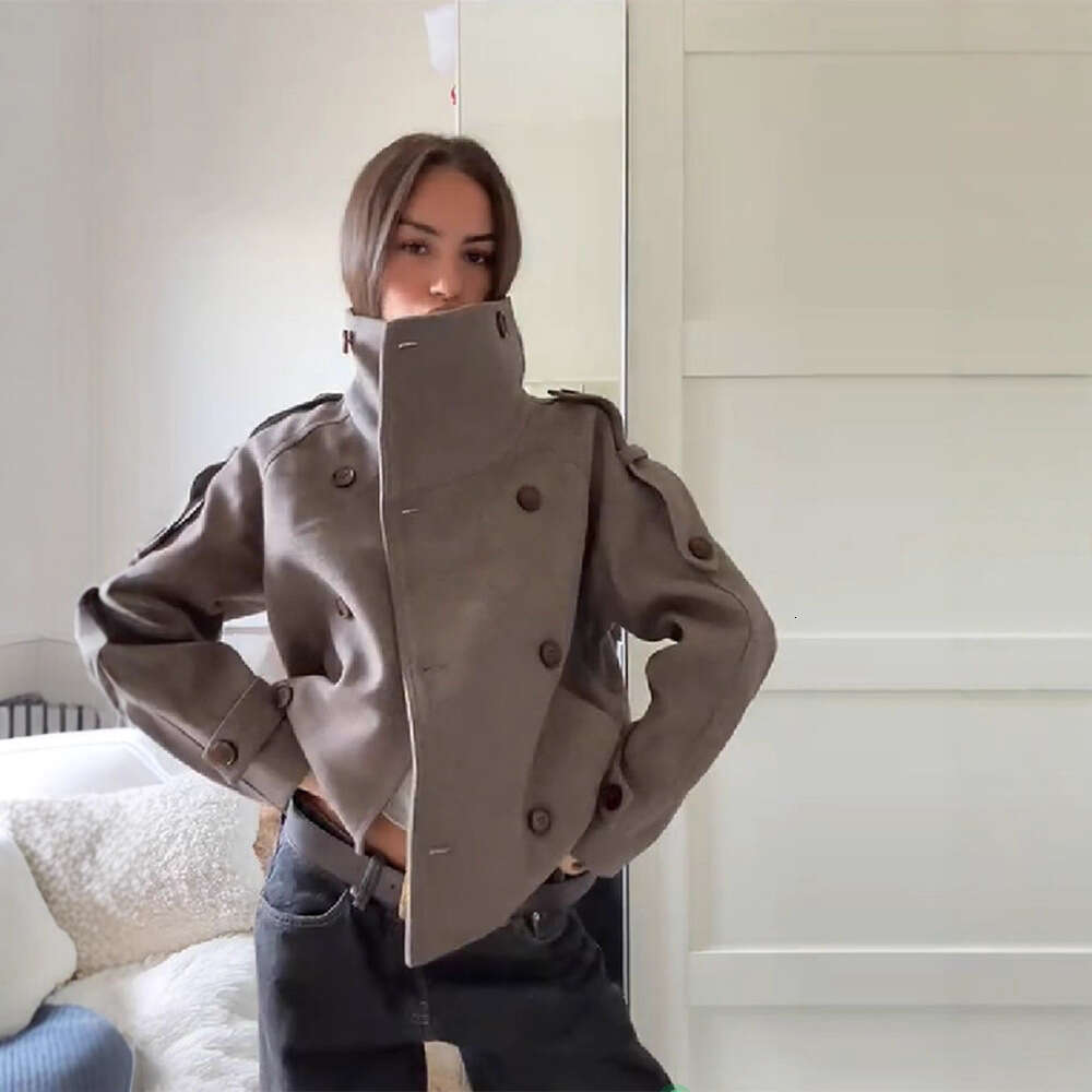 European And American Autumn New Stand Collar Button Woolen Fashion Commuter Solid Color Short Trench Coat B1