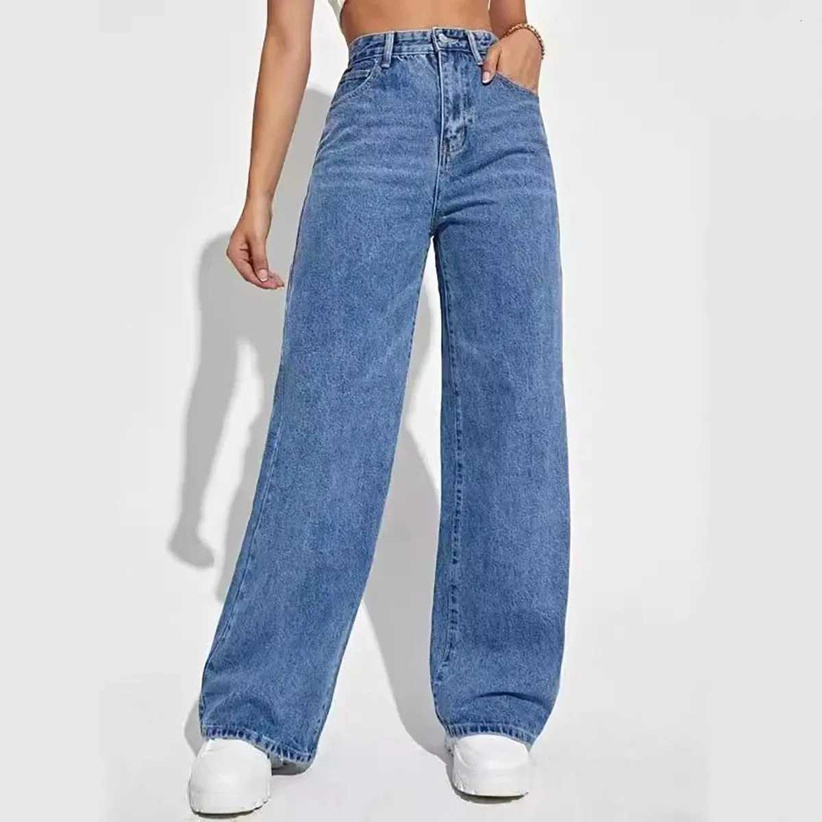 Jean bleu rétro pour femmes, mode y2k, pantalon droit baggy, taille haute, tout-en-un, slim, T251205