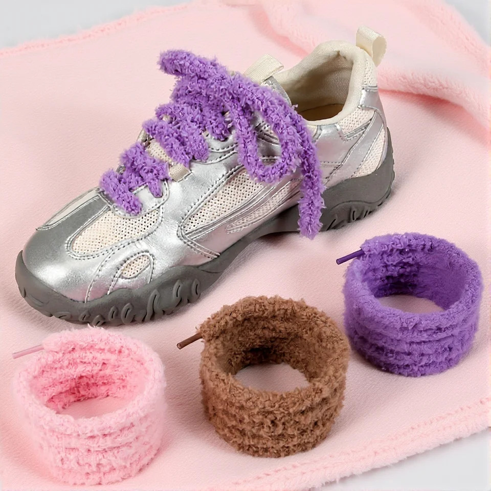 Doux 9 mm de large plat en peluche serviette lacets gros moelleux flou 100/120/140/160 cm pour femmes filles baskets décontractées dame chaussure