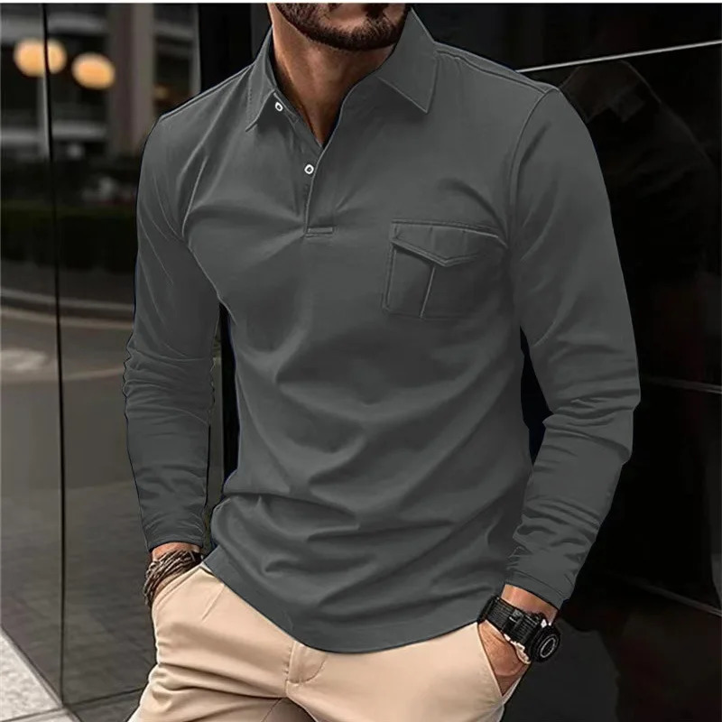 Autumn And Winter Sports Polo Shirt Mens Long-sleeved Casual Lapel Polo Shirt Solid Color Pocket T-shirt 251203