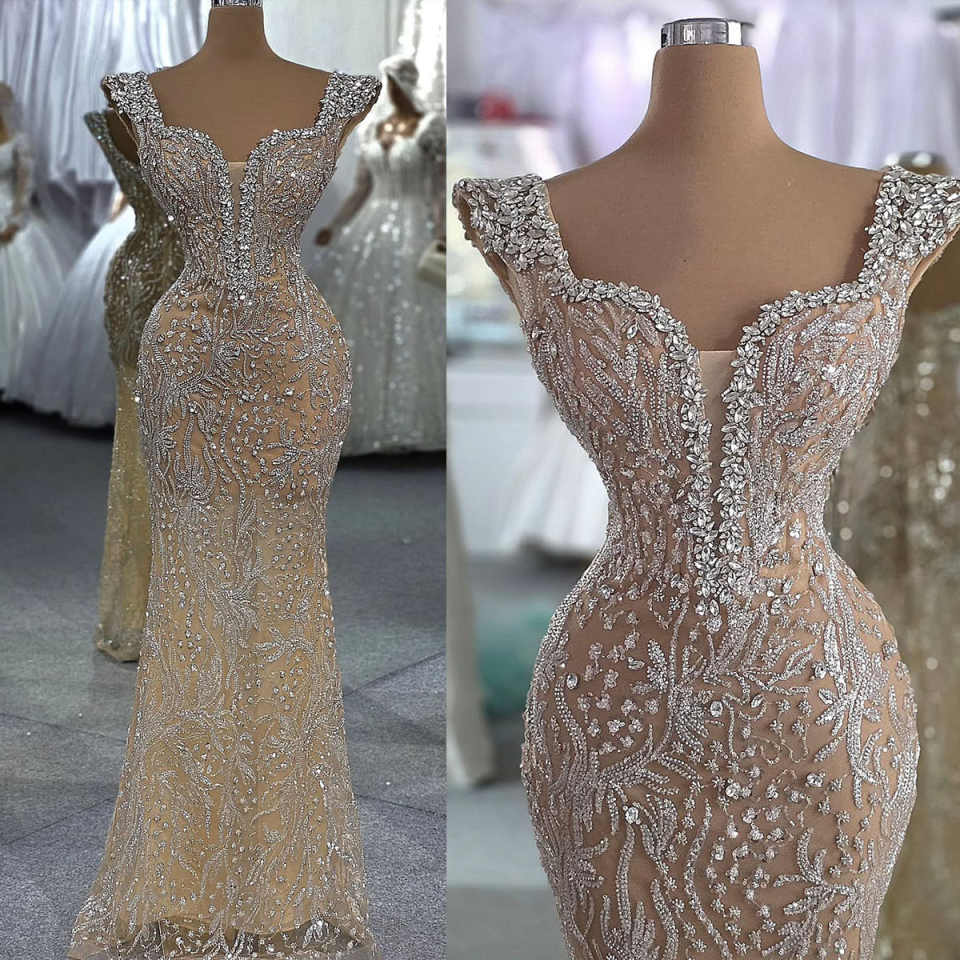 Sparkling Crystals Mermaid Prom Gowns Sleeveless Floor Length Evening Dresses Beadeds Celebrity Party Customized