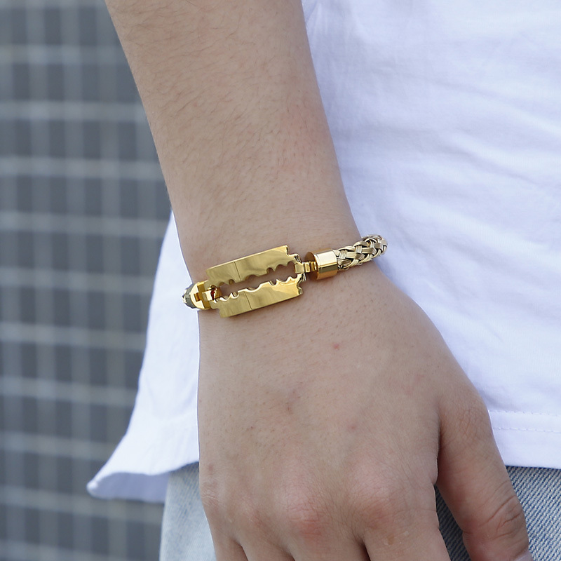 Hip Hop Braided Chain Cuff Bracelets Blade Bangle For Men Waterproof Gold Color Stainless Steel Men's Jewelry Accessories Gift Designer Bangle