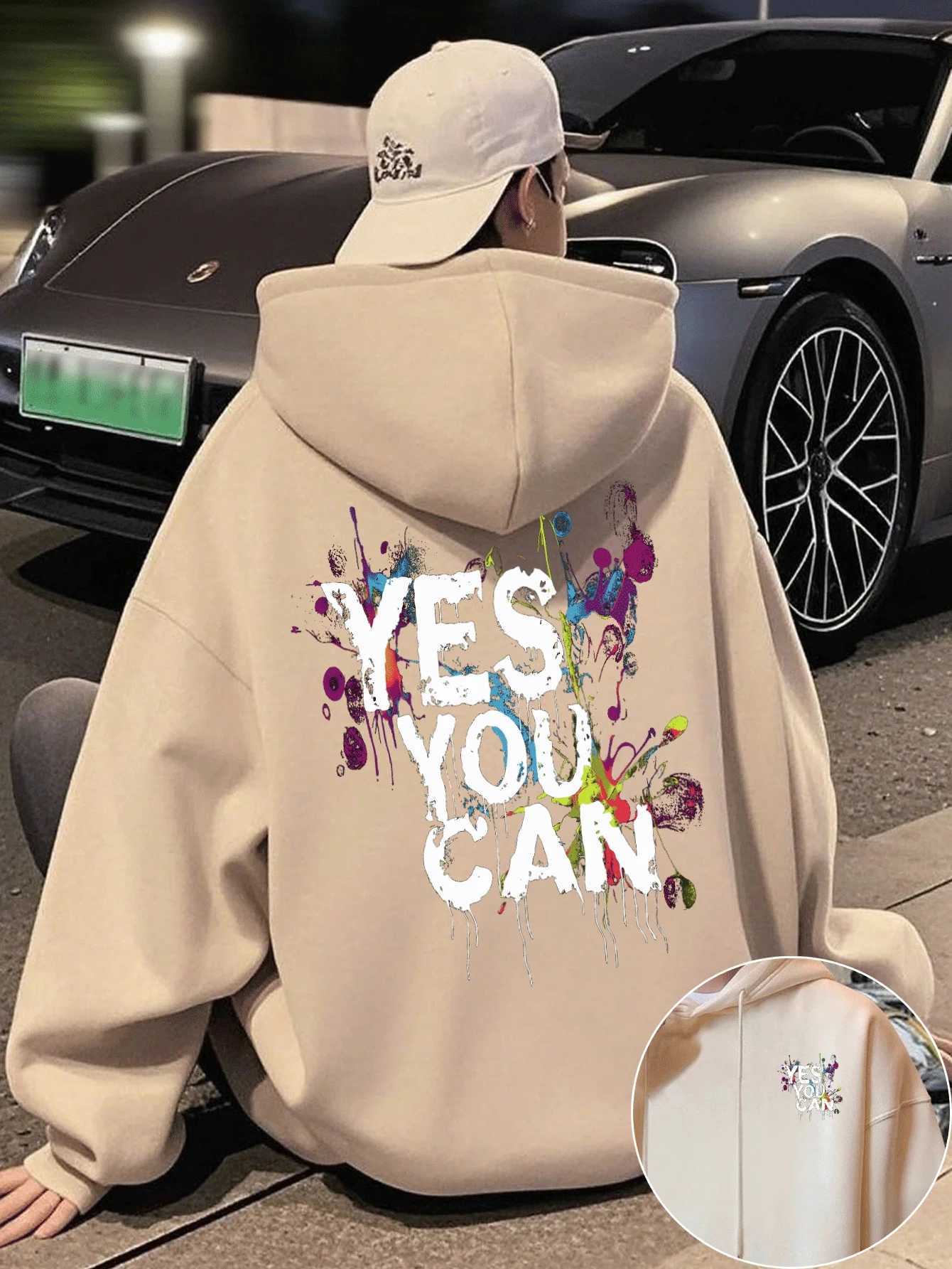 Sweat à capuche Sport pour hommes, nouveaux styles d'automne et d'hiver 2025, noir avec lettrage de motivation en gras OUI VOUS POUVEZ XJ251205