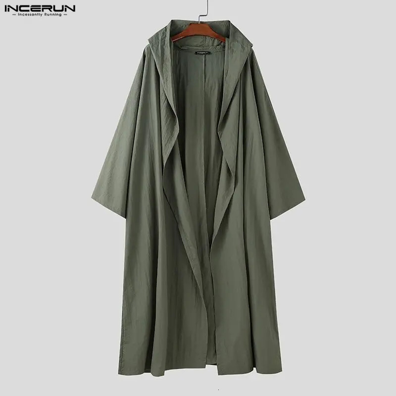 INCERUN Men Long Style Trench Solid Hooded Long Sleeve Casual Coats Men Oversize Open Stitch Fashion Male Windbreaker Streetwear 251204