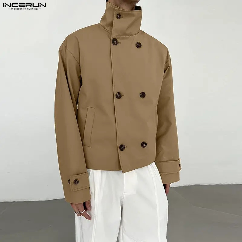 INCERUN Men Trench Solid Stand Collar Long Sleeve Double Breasted Male Coats Streetwear Loose Fashion Casual Crop Windbreaker 251204