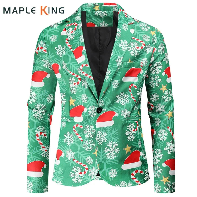 Christmas Hat Snowflake Printed Green Blazer for Men Suits Jacket Fashion Funny Show Costume Party Coat Mens Terno Masculino 4XL 251204