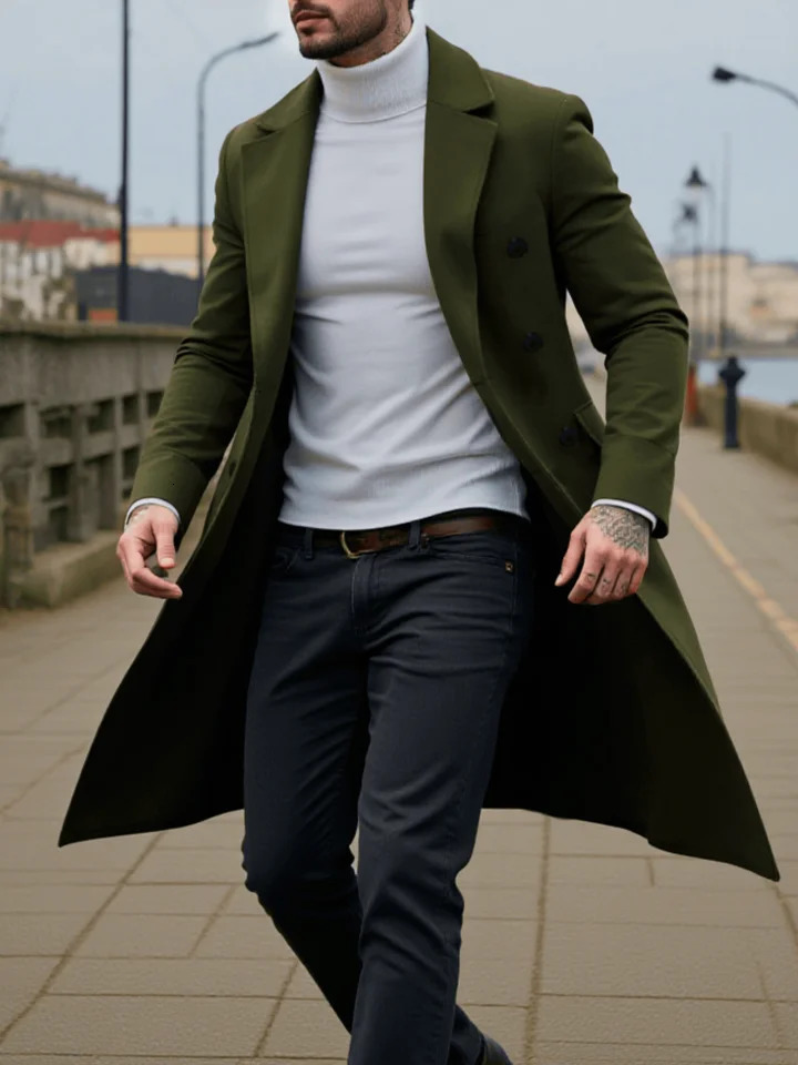 Mens Windbreaker Double-Breasted Windproof Thickened Coat Winter Warm Trench for Commuting and Stylish Windbreaker 251202