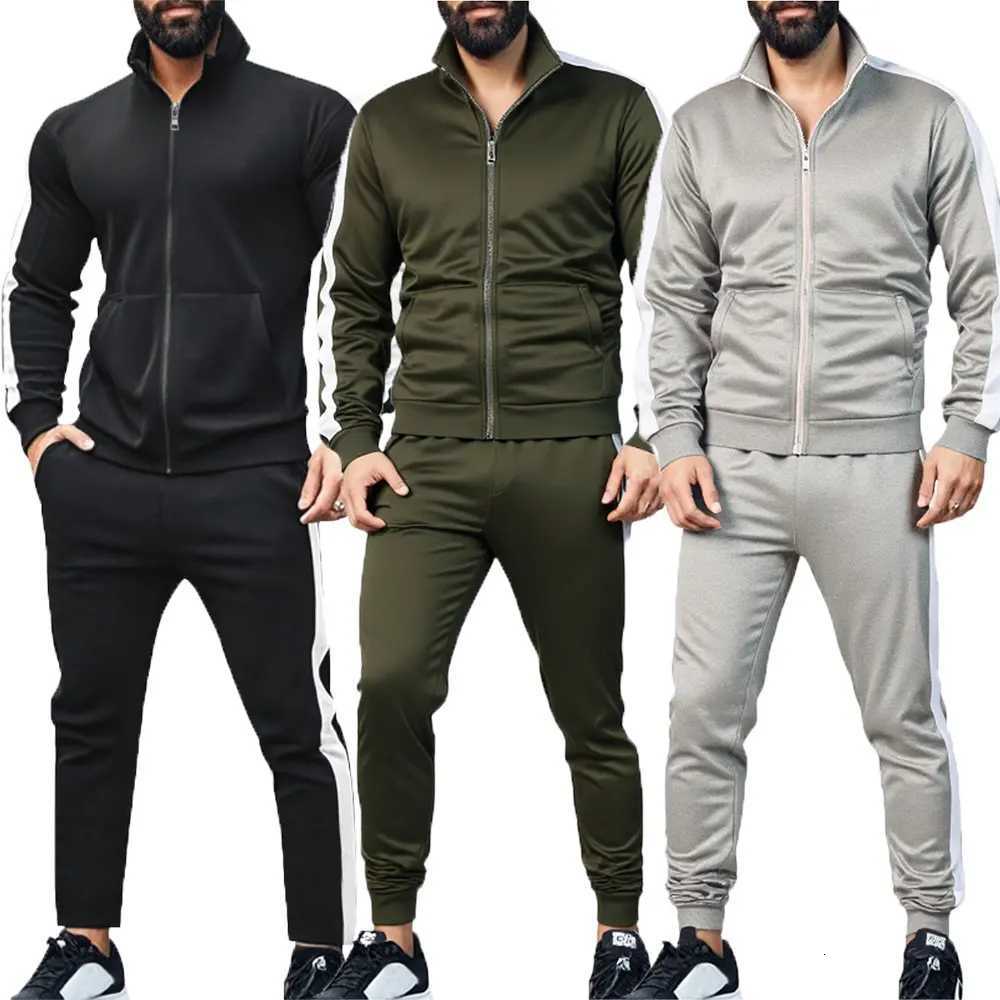 Mens Casual Survêtement Zip Up Stand Collier Veste Pantalon De Survêtement Ensemble Pour Hommes Automne Hiver Quotidien En Plein Air Fasion Stree